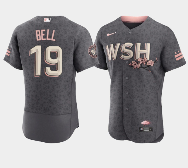 Men's Washington Nationals #19 Josh Bell 2022 Grey City Connect Cherry Blossom Flex Base Stitched MLB Jersey