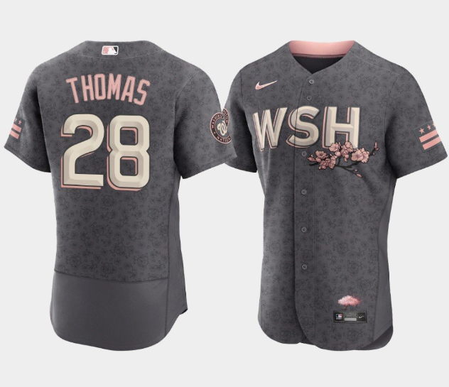 Men's Washington Nationals #28 Lane Thomas 2022 Grey City Connect Cherry Blossom Flex Base Stitched MLB Jersey