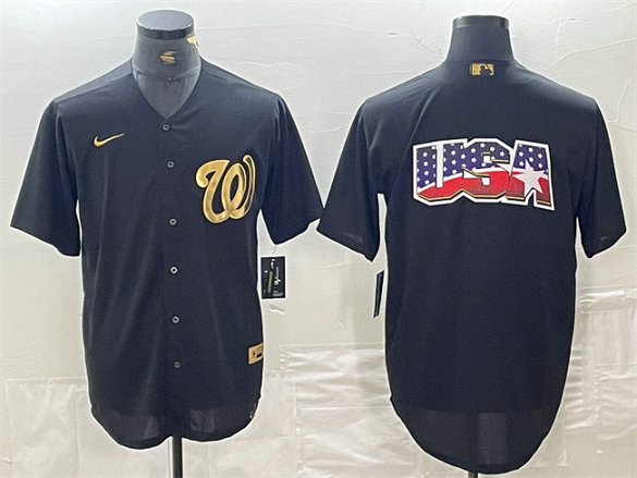 Men's Washington Nationals Black Team Big Logo Cool Base Stitched Baseball Jersey 1