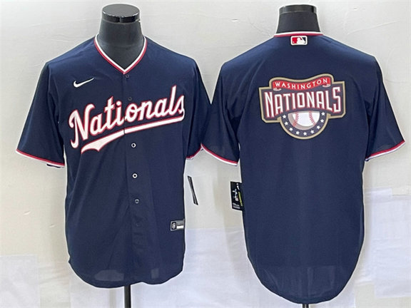 Men's Washington Nationals Navy Big Logo In Back Stitched Baseball Jersey