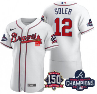 Men's White Atlanta Braves #12 Jorge Soler 2021 World Series Champions With 150th Anniversary Flex Base Stitched Jersey