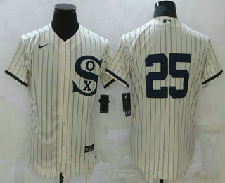 Men's chicago white sox #25 andrew vaughn 2021 cream navy field of dreams flex base stitched jersey
