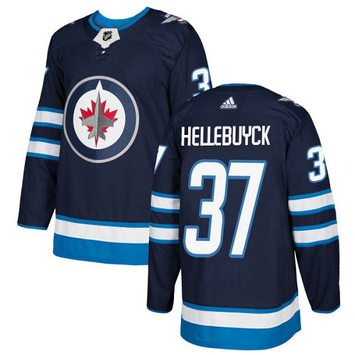 Men Adidas Jets #37 Connor Hellebuyck Navy Blue Home Authentic Stitched NHL Jersey