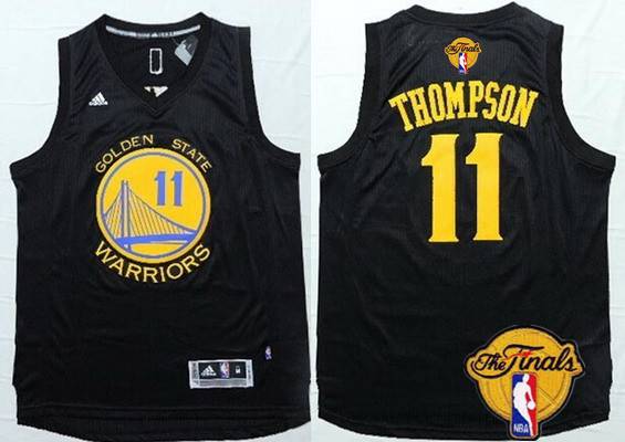 Men Golden State Warriors 11 Klay Thompson Black With Gold 2016 The NBA Finals Patch Jersey