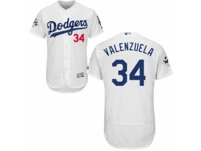 Men Majestic Los Angeles Dodgers #34 Fernando Valenzuela Authentic White Home 2017 World Series Bound Flex Base MLB Jersey