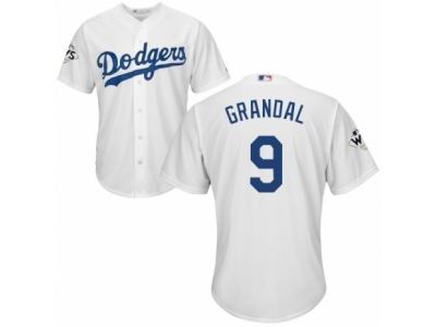 Men Majestic Los Angeles Dodgers #9 Yasmani Grandal Replica White Home 2017 World Series Bound Cool Base MLB Jersey