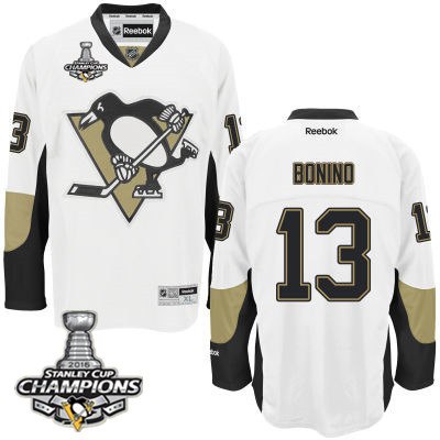 Men Pittsburgh Penguins 13 Nick Bonino White Road Jersey 2016 Stanley Cup Champions Patch