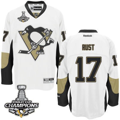 Men Pittsburgh Penguins 17 Bryan Rust White Road Jersey 2016 Stanley Cup Champions Patch