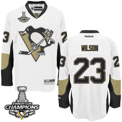 Men Pittsburgh Penguins 23 Scott Wilson White Road Jersey 2016 Stanley Cup Champions Patch