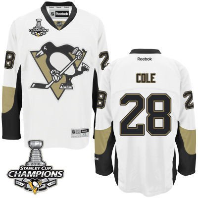Men Pittsburgh Penguins 28 Ian Cole White Road Jersey 2016 Stanley Cup Champions Patch