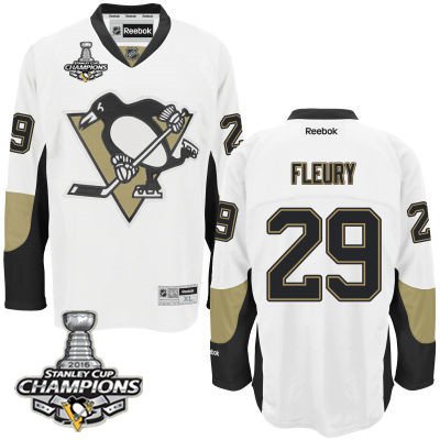 Men Pittsburgh Penguins 29 Marc-Andre Fleury White Road Jersey 2016 Stanley Cup Champions Patch