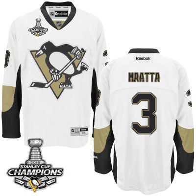 Men Pittsburgh Penguins 3 Olli Maatta White Road Jersey 2016 Stanley Cup Champions Patch