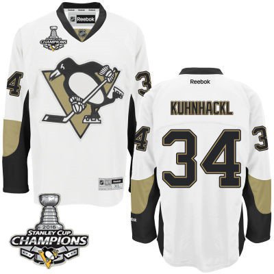 Men Pittsburgh Penguins 34 Tom Kuhnhackl White Road Jersey 2016 Stanley Cup Champions Patch