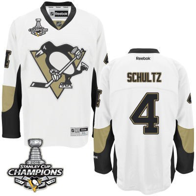 Men Pittsburgh Penguins 4 Justin Schultz White Road Jersey 2016 Stanley Cup Champions Patch
