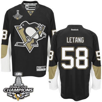 Men Pittsburgh Penguins 58 Kris Letang Black Team Color Jersey 2016 Stanley Cup Champions Patch