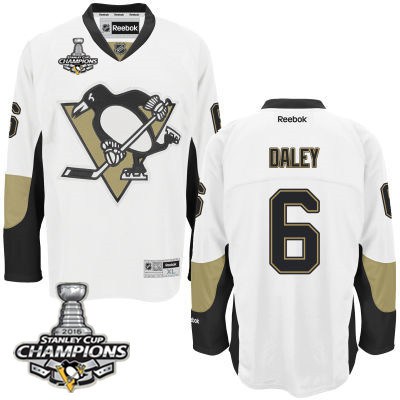 Men Pittsburgh Penguins 6 Trevor Daley White Road Jersey 2016 Stanley Cup Champions Patch