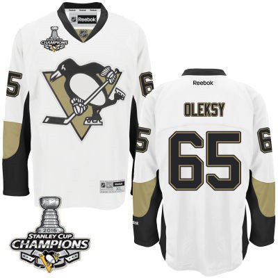 Men Pittsburgh Penguins 65 Steve Oleksy White Road Jersey 2016 Stanley Cup Champions Patch