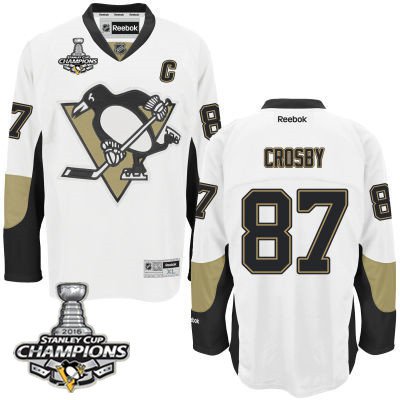Men Pittsburgh Penguins 87 Sidney Crosby White Road C Patch Jersey 2016 Stanley Cup Champions Patch