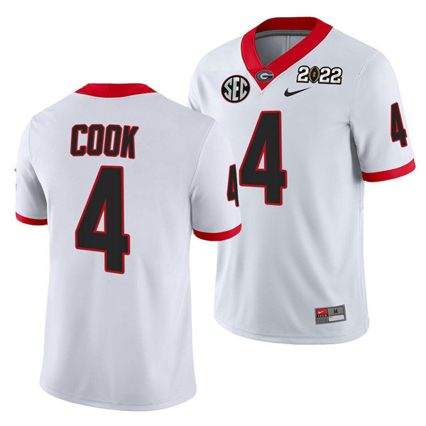 Men’s Georgia Bulldogs #4 James Cook 2022 Patch White College Football Stitched Jersey