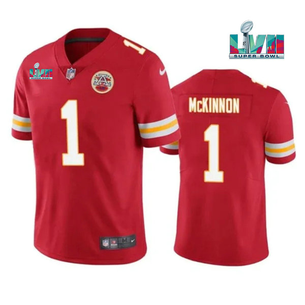 Men’s Kansas City Chiefs #1 Jerick McKinnon Red Super Bowl LVII Patch Vapor Untouchable Limited Stitched Jersey