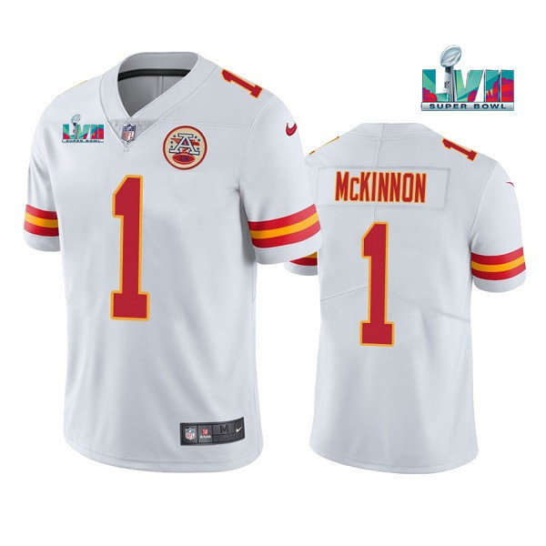 Men’s Kansas City Chiefs #1 Jerick McKinnon White Super Bowl LVII Patch Vapor Untouchable Limited Stitched Jersey