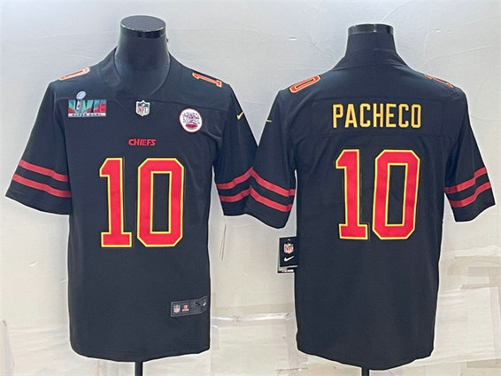 Men’s Kansas City Chiefs #10 Isiah Pacheco Black Red Gold Super Bowl LVII Patch Vapor Untouchable Limited Stitched Jersey