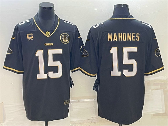 Men’s Kansas City Chiefs #15 Patrick Mahomes Black Gold 4-Star C Patch Vapor Untouchable Limited Stitched Jersey