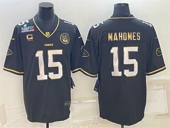 Men’s Kansas City Chiefs #15 Patrick Mahomes Black Gold Super Bowl LVII Patch And 4-Star C Patch Vapor Untouchable Limited Stitched Jersey