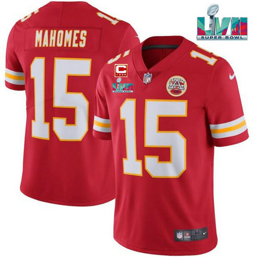 Men’s Kansas City Chiefs #15 Patrick Mahomes Red Super Bowl LVII Patch And 4-Star C Patch Vapor Untouchable Limited Stitched Jersey