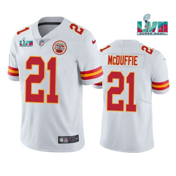 Men’s Kansas City Chiefs #21 Trent McDuffie White Super Bowl LVII Patch Vapor Untouchable Limited Stitched Jersey