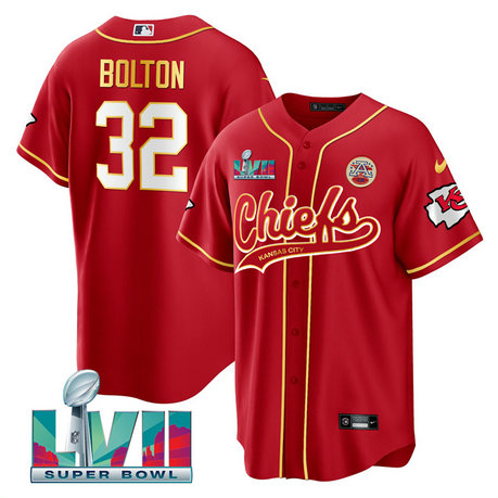 Men’s Kansas City Chiefs #32 Nick Bolton Red Super Bowl LVII Patch Cool Bae Stitched Baseball Jersey