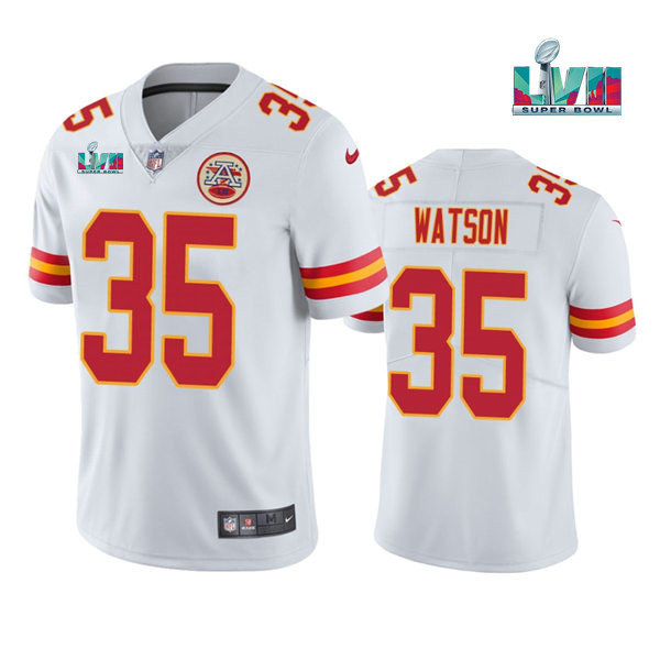 Men’s Kansas City Chiefs #35 Jaylen Watson White Super Bowl LVII Patch Vapor Untouchable Limited Stitched Jersey