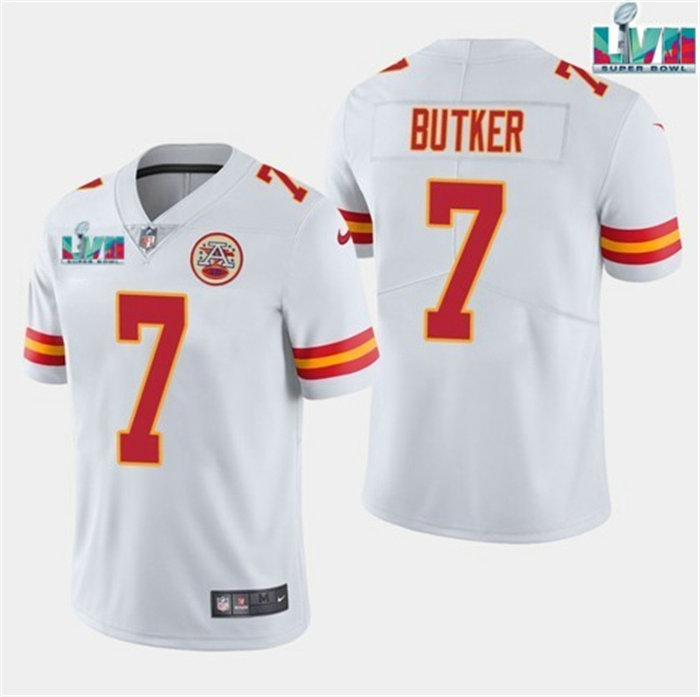 Men’s Kansas City Chiefs #7 Harrison Butker White Super Bowl LVII Patch Vapor Untouchable Limited Stitched Jersey