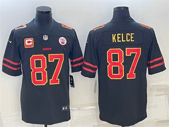 Men’s Kansas City Chiefs #87 Travis Kelce Black Red Gold 4-Star C Patch Vapor Untouchable Limited Stitched Jersey