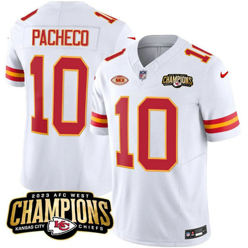 Men Kansas City Chiefs #10 Isiah Pacheco White 2023 F.U.S.E. AFC West Champions With NKH Patch Vapor Untouchable Limited Football Stitched Jersey