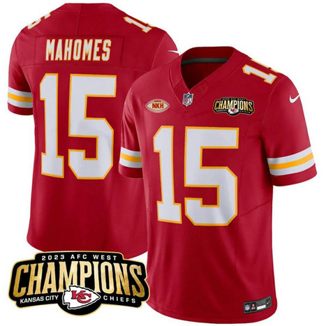 Men Kansas City Chiefs #15 Patrick Mahomes Red 2023 F.U.S.E. AFC West Champions With NKH Patch Vapor Untouchable Limited Football Stitched Jersey