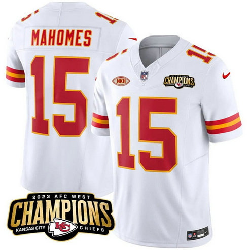 Men Kansas City Chiefs #15 Patrick Mahomes White 2023 F.U.S.E. AFC West Champions With NKH Patch Vapor Untouchable Limited Football Stitched Jersey