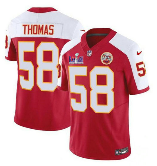 Men's Kansas City Chiefs #58 Derrick Thomas Red White 2024 F.U.S.E. Super Bowl LVIII Patch Vapor Untouchable Limited Jersey