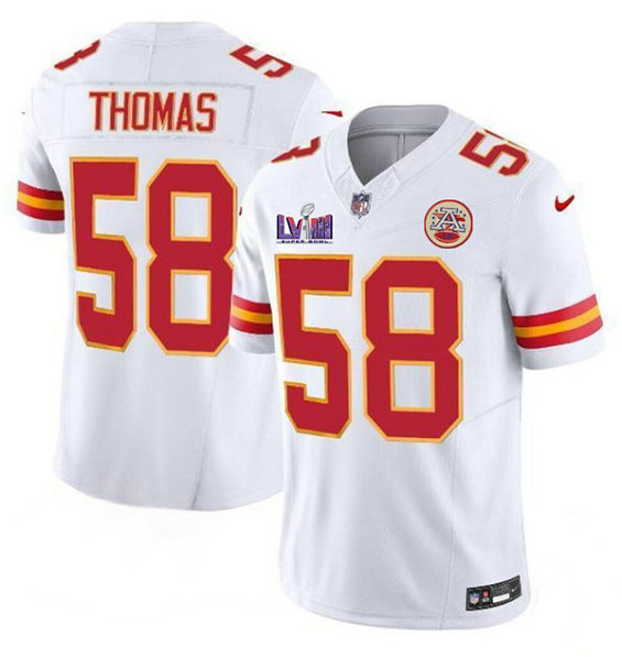 Men's Kansas City Chiefs #58 Derrick Thomas White 2024 F.U.S.E. Super Bowl LVIII Patch Vapor Untouchable Limited Jersey