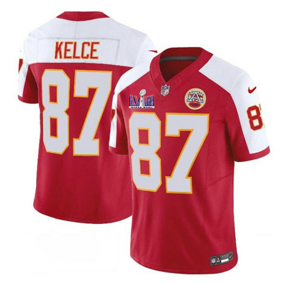 Men's Kansas City Chiefs #87 Travis Kelce Red White 2024 F.U.S.E. Super Bowl LVIII Patch Vapor Untouchable Limited Jersey