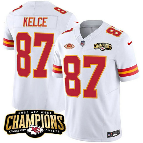 Men Kansas City Chiefs #87 Travis Kelce White 2023 F.U.S.E. AFC West Champions With NKH Patch Vapor Untouchable Limited Football Stitched Jersey