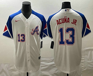 Mens Atlanta Braves #13 Ronald Acuna Jr Number White 2023 City Connect Cool Base Stitched Jersey