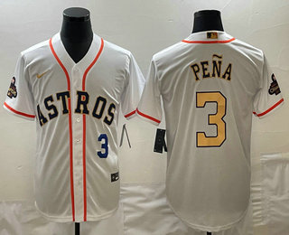 Mens Houston Astros #3 Jeremy Pena 2023 White Gold World Serise Champions Patch Cool Base Stitched Jersey