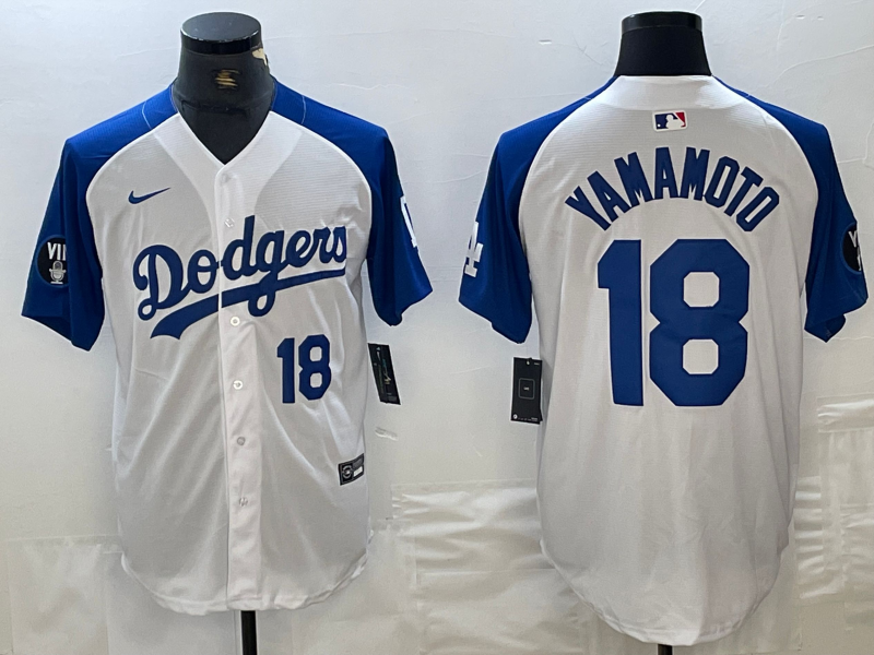 Mens Los Angeles Dodgers #18 Yoshinobu Yamamoto Number White Blue Fashion Stitched Cool Base Limited Jersey