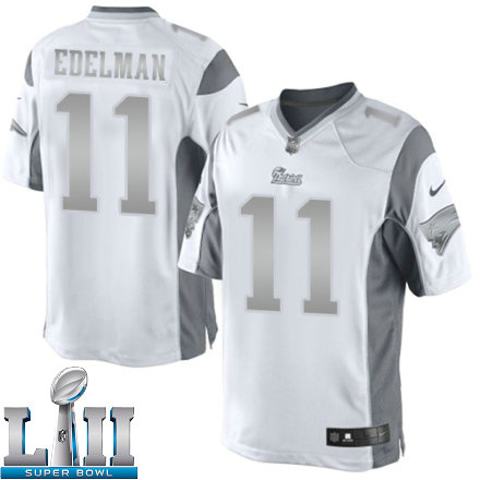 Mens Nike New England Patriots Super Bowl LII 11 Julian Edelman Elite White Platinum NFL Jersey
