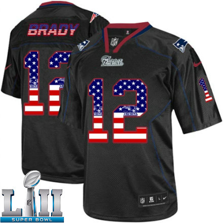 Mens Nike New England Patriots Super Bowl LII 12 Tom Brady Elite Black USA Flag Fashion NFL Jersey