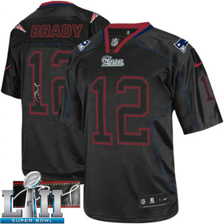 Mens Nike New England Patriots Super Bowl LII 12 Tom Brady Elite Lights Out Black Autographed NFL Jersey