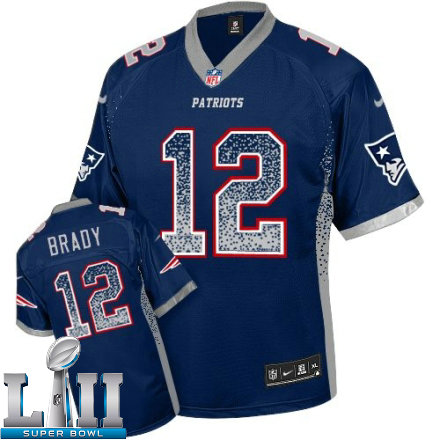 Mens Nike New England Patriots Super Bowl LII 12 Tom Brady Elite Navy Blue Drift Fashion NFL Jersey