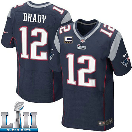 Mens Nike New England Patriots Super Bowl LII 12 Tom Brady Elite Navy Blue Team Color C Patch NFL Jersey
