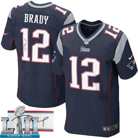 Mens Nike New England Patriots Super Bowl LII 12 Tom Brady Navy Blue Team Color Elite Autographed NFL Jersey